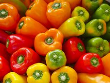 Freshness Pepper, Colorful Yellow, Orange, Green And Red Paprika, Colorful Bell Peppers On The Street Market. Royalty Free Stock Photography