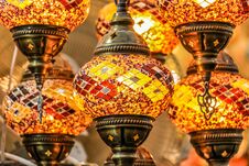 Traditional Bright Decorative Hanging Turkish Lamps And Colourful Lights With Vivid Colours  In The Istanbul Bazaar, Turkey Stock Photo