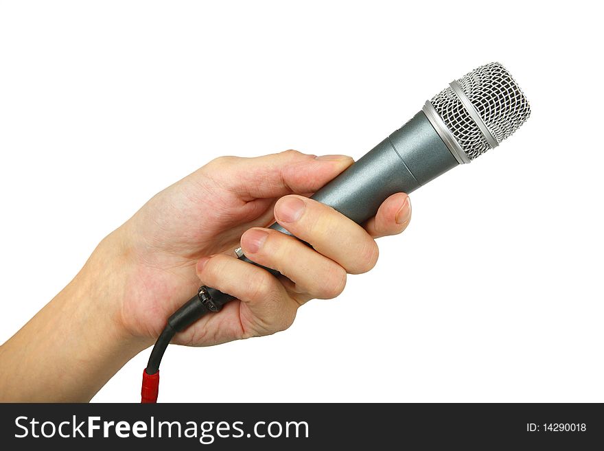 Man's hand with microphone , closeup, isolated background