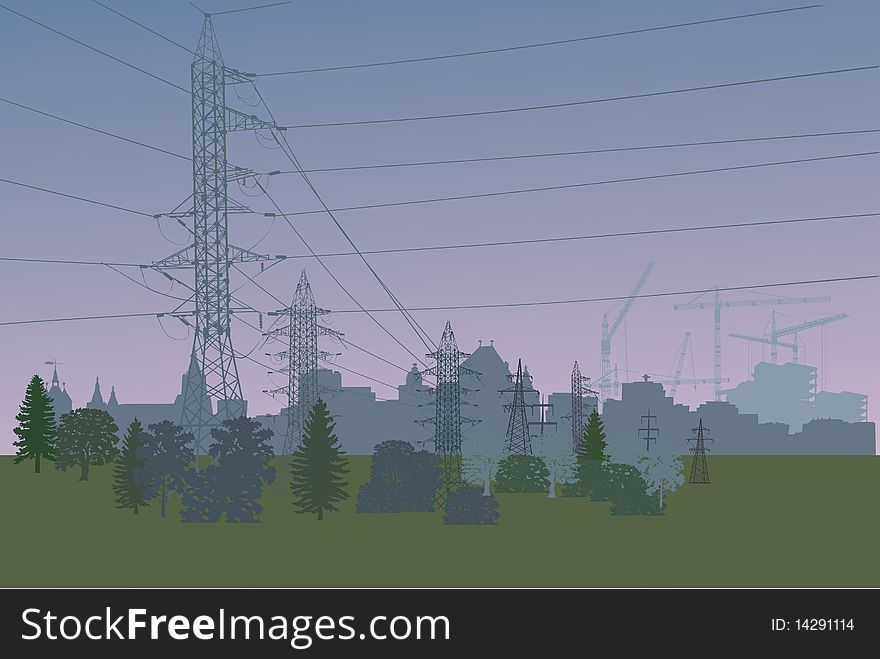 Ilustration with high-voltage line landscape. Ilustration with high-voltage line landscape