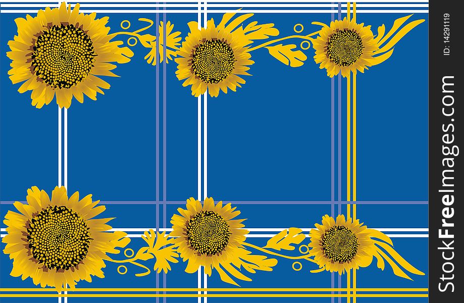 Illustration with yellow sunflowers on blue background. Illustration with yellow sunflowers on blue background