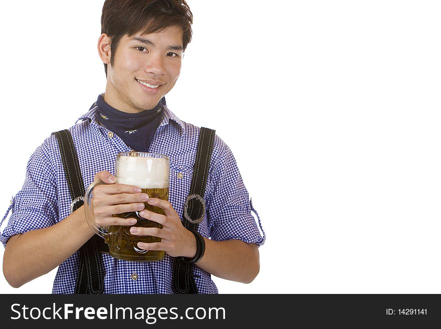 Chinese man holding Oktoberfest beer stein