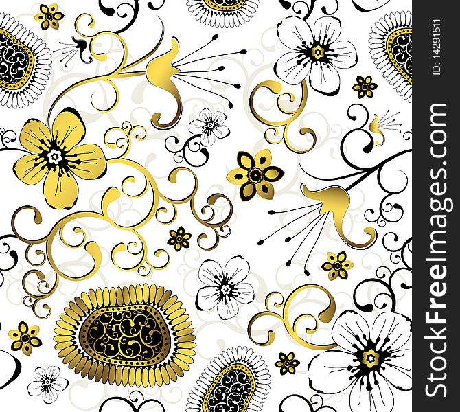 Seamless white floral pattern with black and golden curls. Seamless white floral pattern with black and golden curls