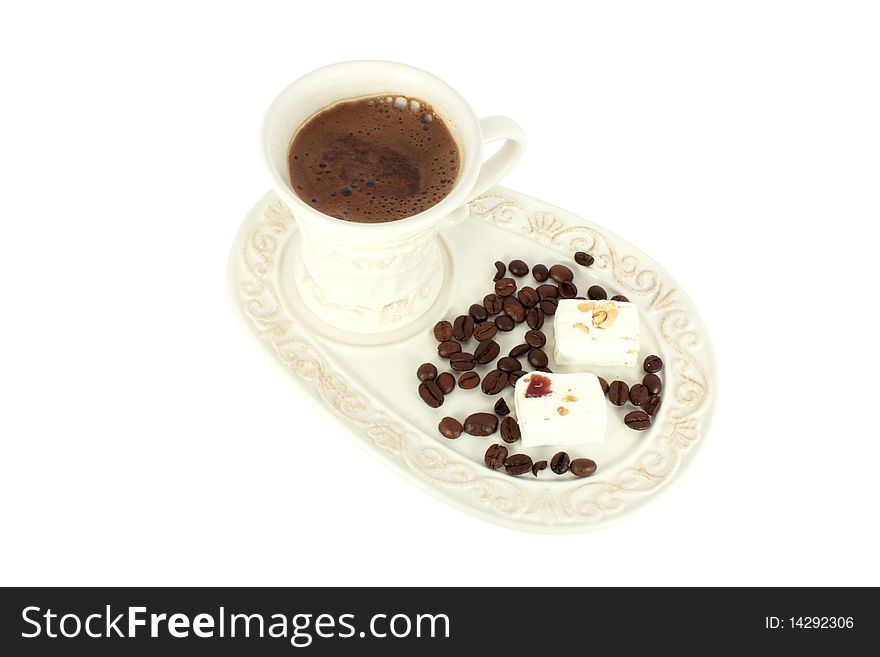 Cup of coffee with cakes isolated on white. Cup of coffee with cakes isolated on white