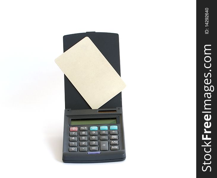 Calculator with a credit card without a picture on a white background
