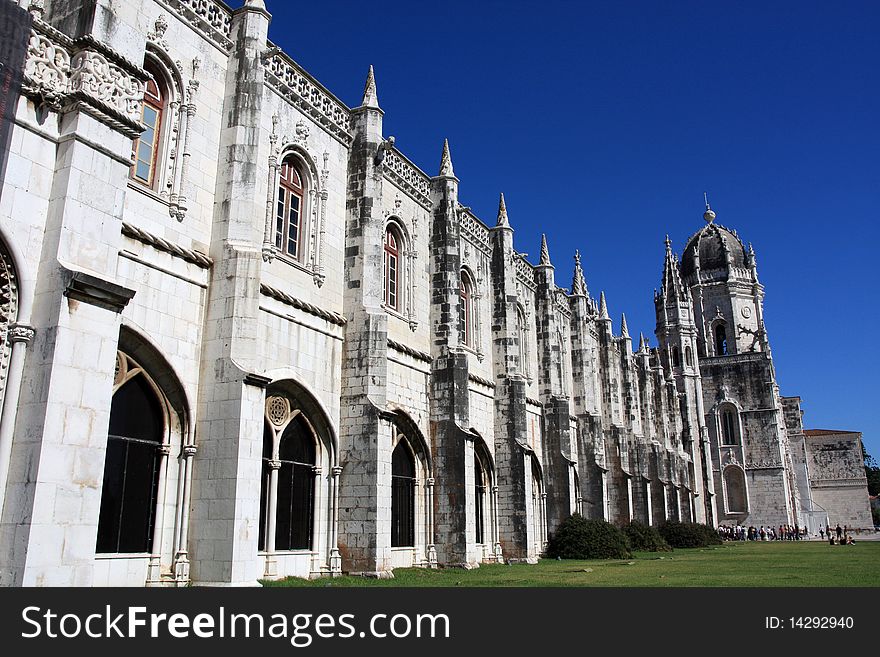 View of the beautiful landmark Mosteiro dos JerÃ³nimos in Lisbon, Portugal.