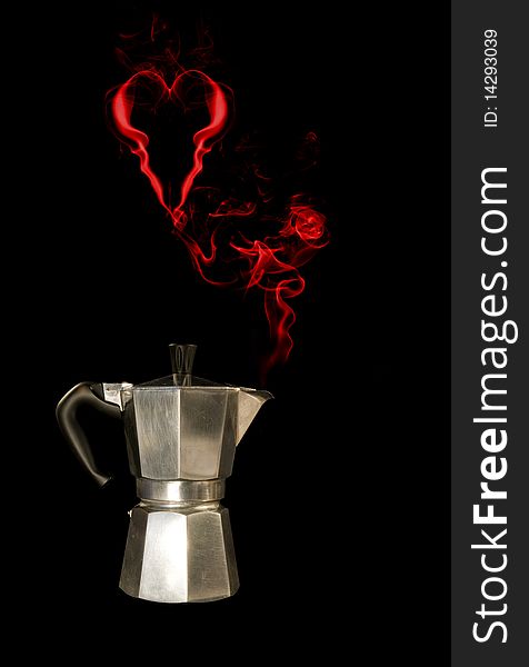 Red steam coming from the spout of a coffee pot and forming a heart shape. Red steam coming from the spout of a coffee pot and forming a heart shape