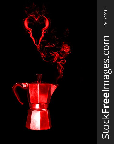 Red steam coming from the spout of a red hot coffee pot and forming a heart shape
