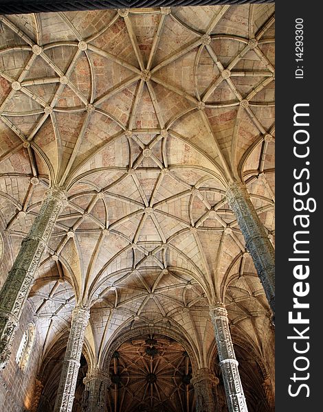 Interior view of the landmark Mosteiro dos JerÃ³nimos in Lisbon, Portugal.