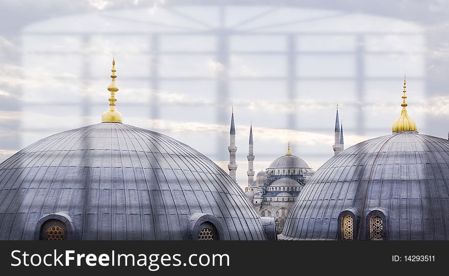 Blue Mosque in Istanbul Turkey taken from a window at Hagia Sophia