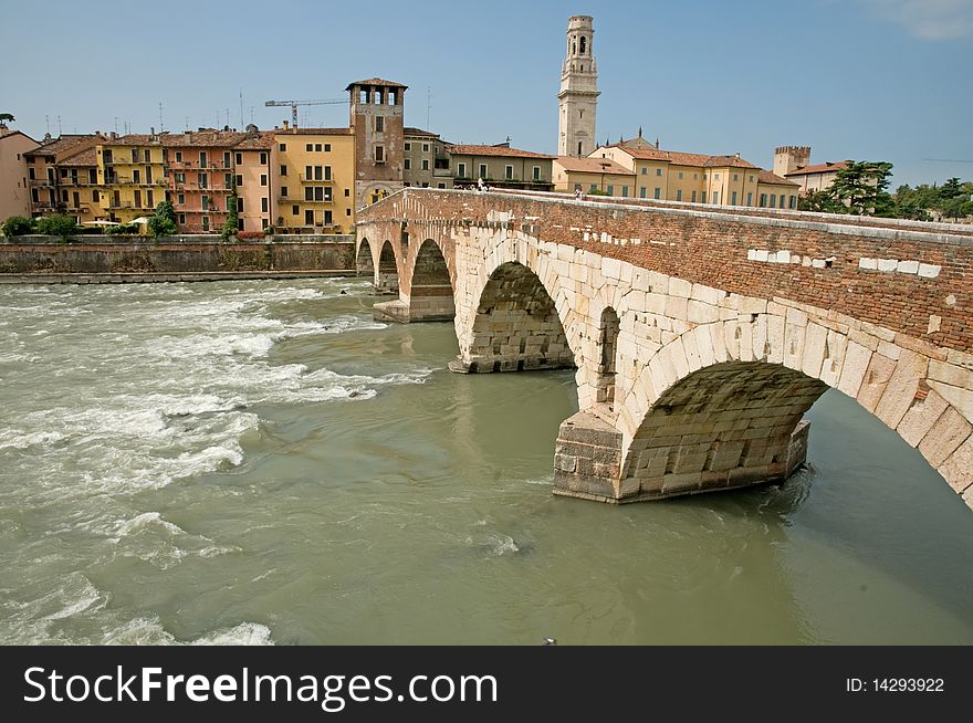 The ponte pietra
bridge and landscape  in verona in italy. The ponte pietra
bridge and landscape  in verona in italy