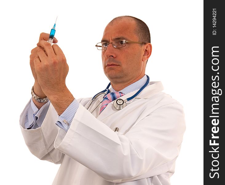 Doctor Preparing Injection By Tapping Syringe on White Background