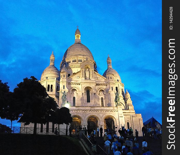 Night view of Sacre - Coeur Basilica on hills of Montmartre, Paris, France. Night view of Sacre - Coeur Basilica on hills of Montmartre, Paris, France