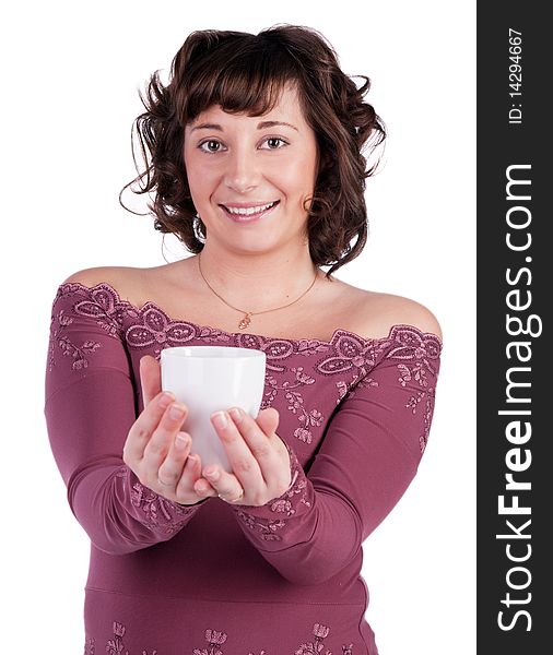 Closeup protrait of beautiful college girl drinking coffee, holding a cup. Isolated on white background. Closeup protrait of beautiful college girl drinking coffee, holding a cup. Isolated on white background.