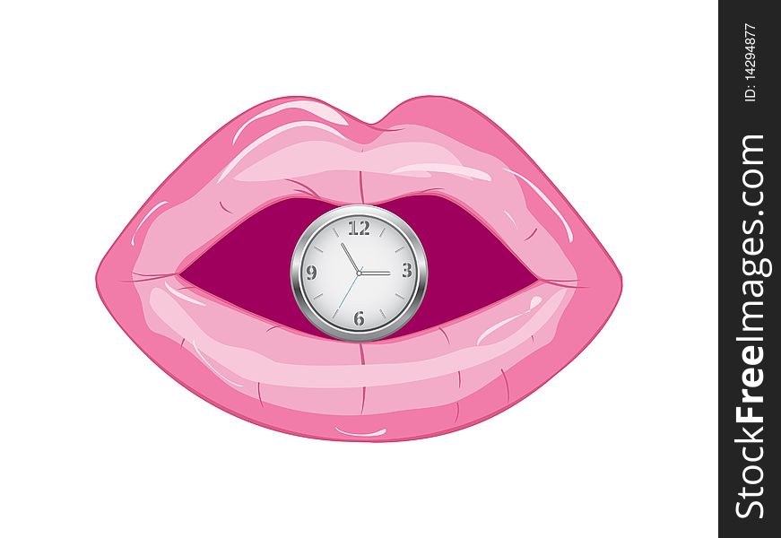 The stylised  female lips with a dial of a watch. The stylised  female lips with a dial of a watch