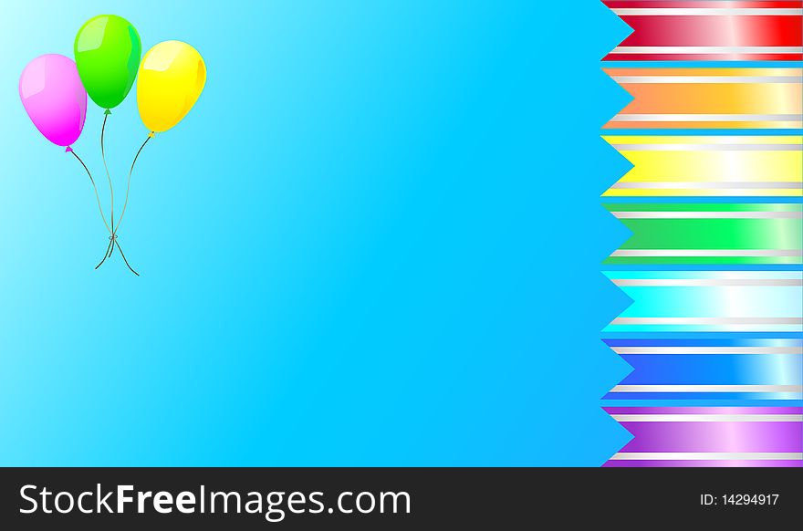 Vector-colored ribbons with balloons flying against a blue background. Vector-colored ribbons with balloons flying against a blue background
