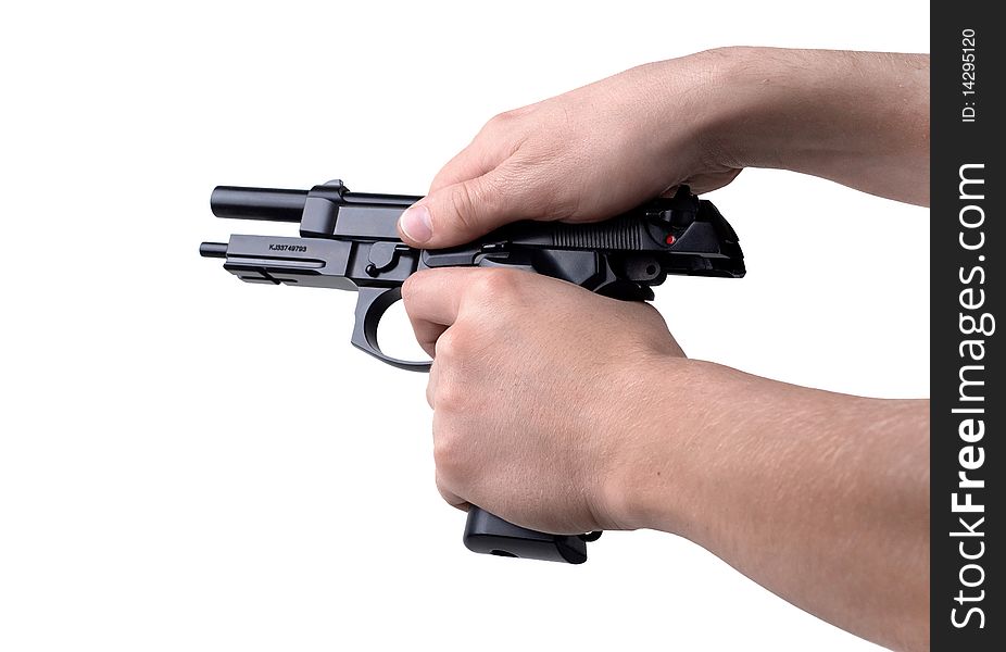 Gun in hand on a white background