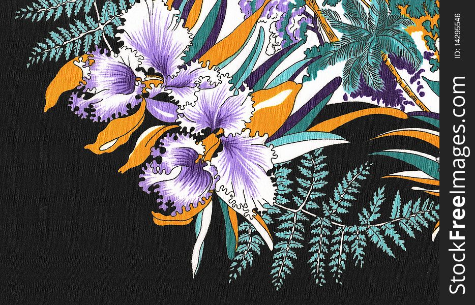 Two  purple and orange orchids and tropical vegetation for background. Two  purple and orange orchids and tropical vegetation for background.