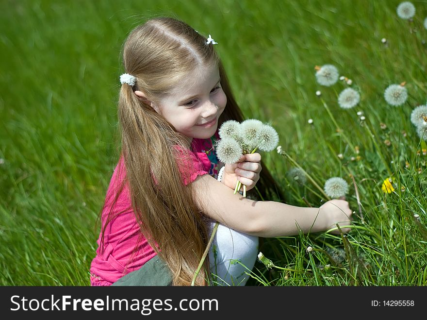 Smiling little girl on a green meadow with a bouquet of dandelions. Smiling little girl on a green meadow with a bouquet of dandelions