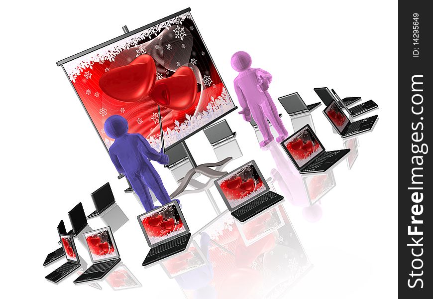 Two 3D mans and hearts on the screen, white background.