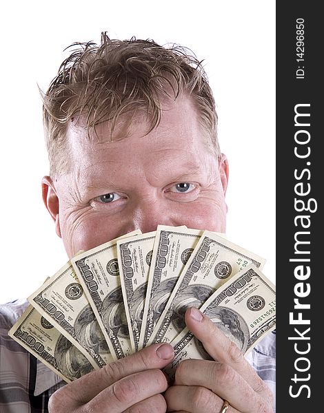 Man peeking from behind money