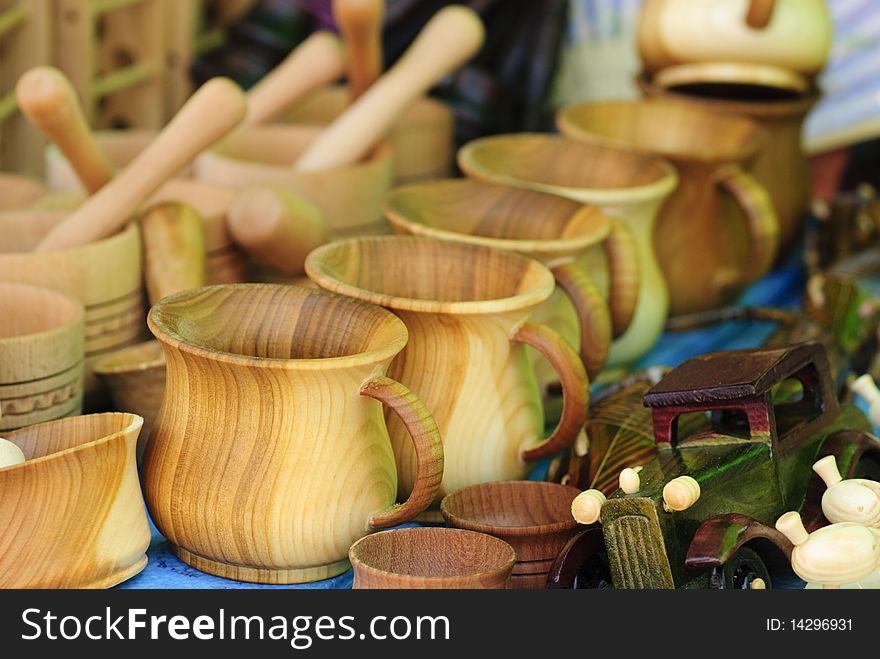 Wooden tools on the table in market on nature.