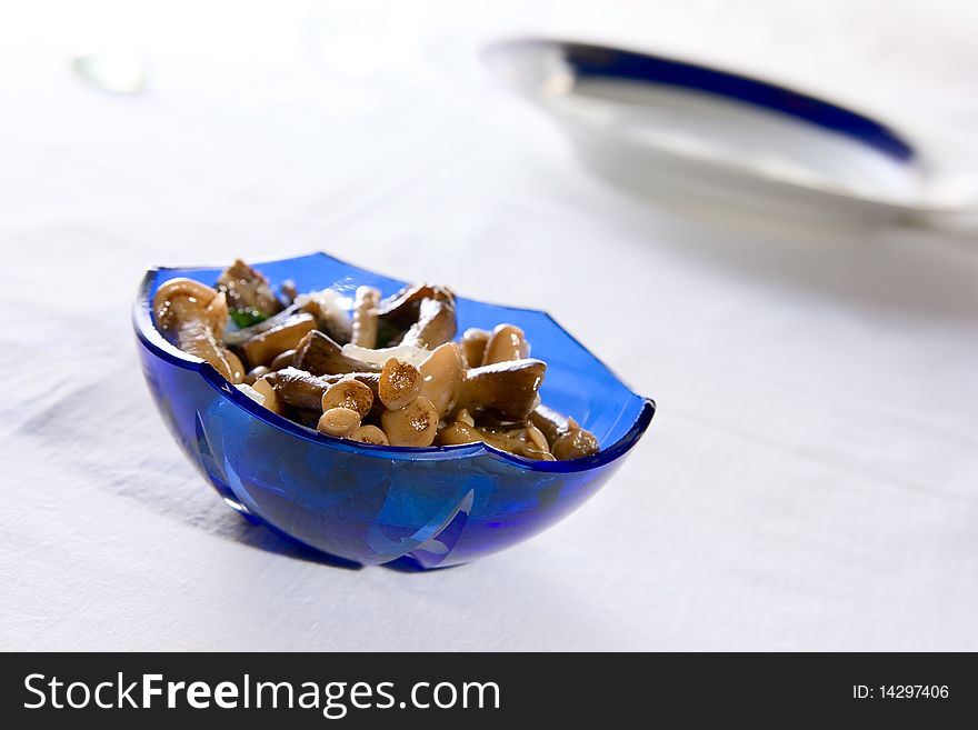 Salad from salted mushroom on plate