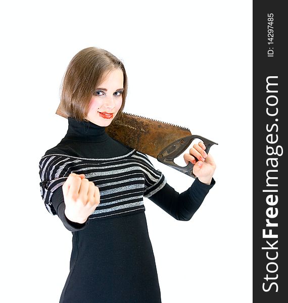 Lovely teen girl with saw