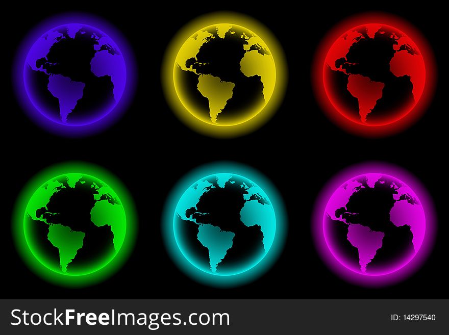 Series of six icons or buttons globe. neon-style on black background. Series of six icons or buttons globe. neon-style on black background
