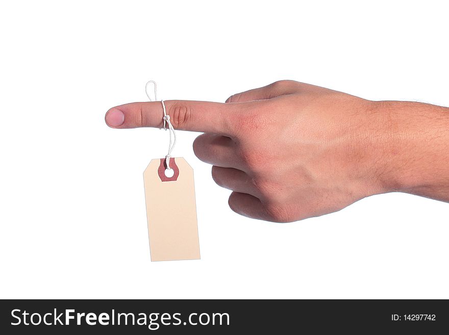 The man's finger specifies a direction, the label is adhered to a finger for the information. The man's finger specifies a direction, the label is adhered to a finger for the information.