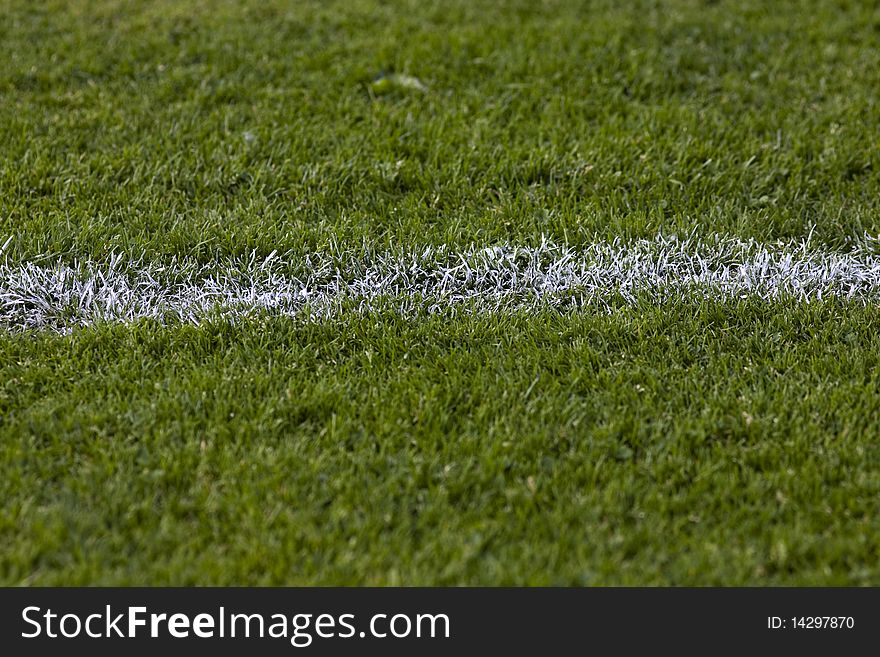 Abstract shot of green football grass with a white line on it