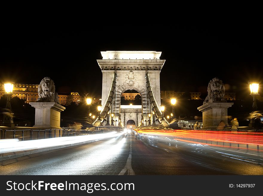 Chain bridge at night in budapest hungary