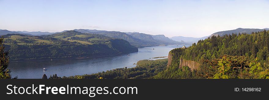 A panoramic view of the Columbia River Gorge Oregon. A panoramic view of the Columbia River Gorge Oregon.