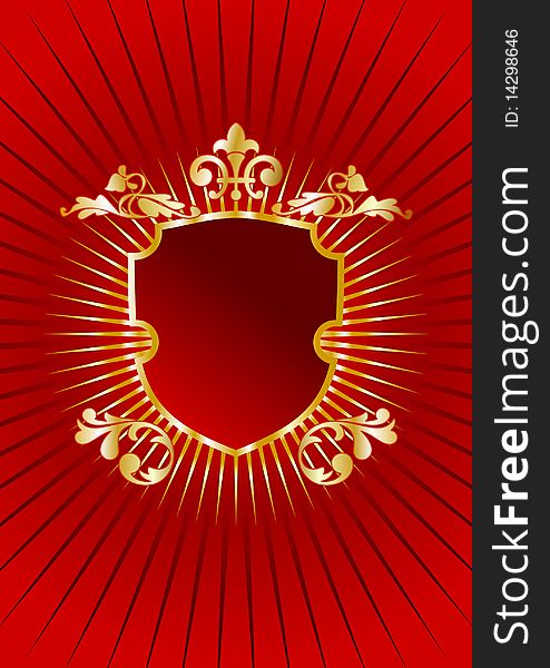 Heraldic golden shield on red background