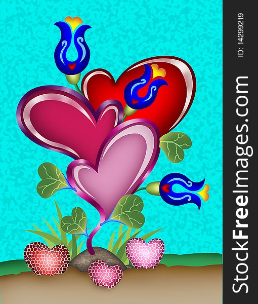 Vector art of hearts and flowers growing on a tree, with fruit heart on thr ground. Vector art of hearts and flowers growing on a tree, with fruit heart on thr ground