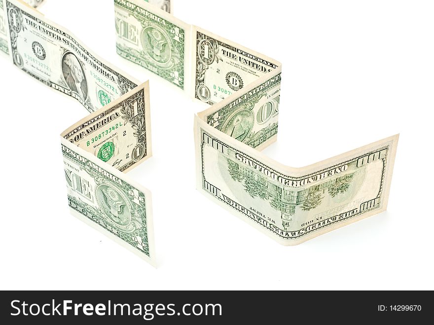 Two rows from dollars. Isolated on white background. Two rows from dollars. Isolated on white background