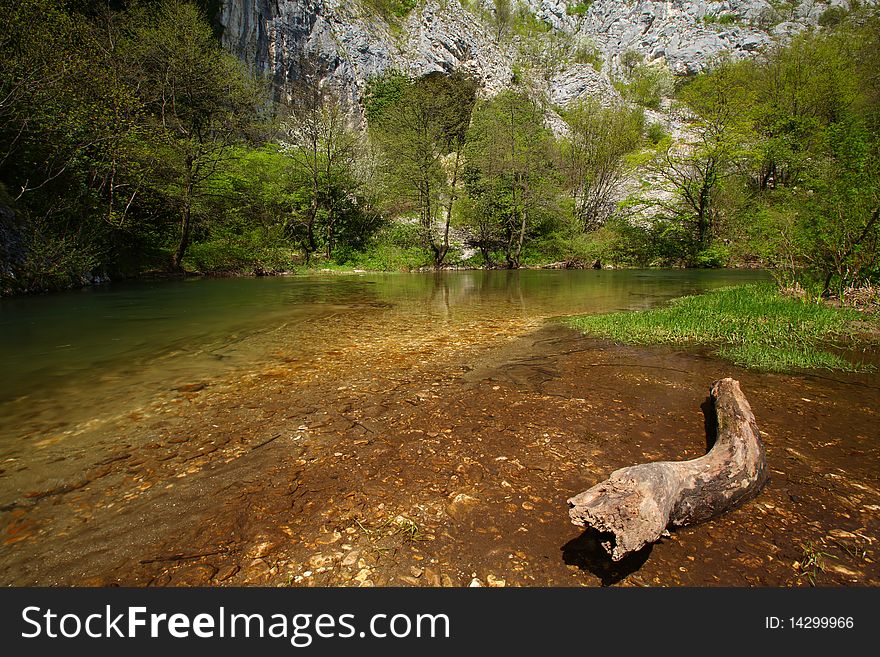 Stream in the mountains in spring in Eastern Europe