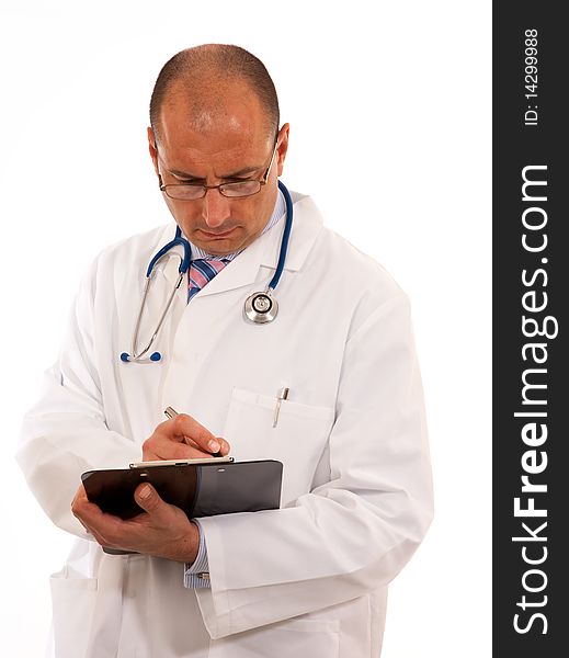 Doctor Writing Notes on a clipboard on white background