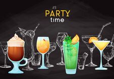 Background With Different Cocktails. Drawing Chalk On A Blackboard. Caption: It`s Party Time. Place On Your Text. Vector Stock Photography