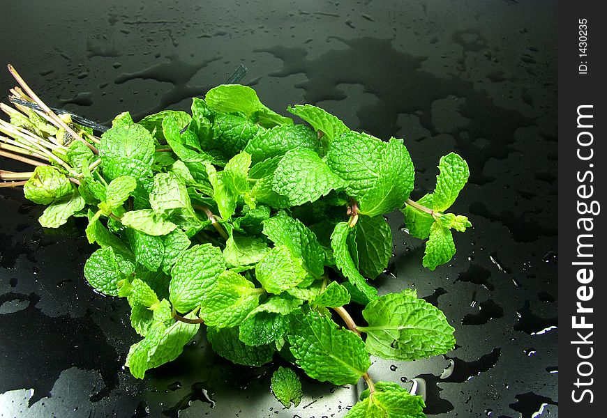 A bunch of fresh mint on black background whit drops water