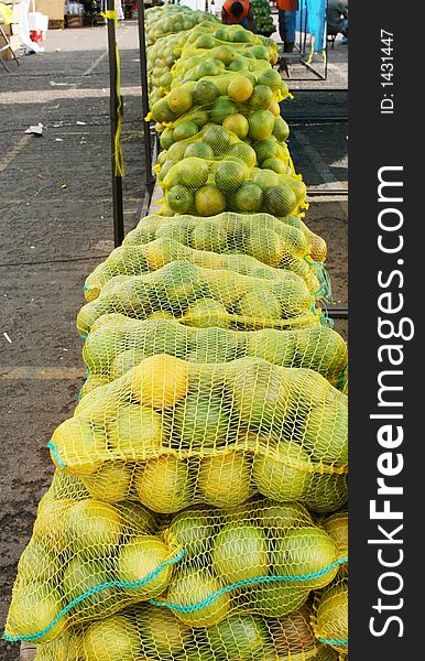 A long line of oranges in their bags ready to be sold at an outdoor market.  These oranges are mainly green, but ripe and sweet tasting. A long line of oranges in their bags ready to be sold at an outdoor market.  These oranges are mainly green, but ripe and sweet tasting.