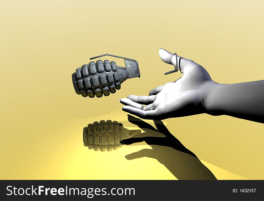 3d render of grenade on reflective surface being tossed. 3d render of grenade on reflective surface being tossed
