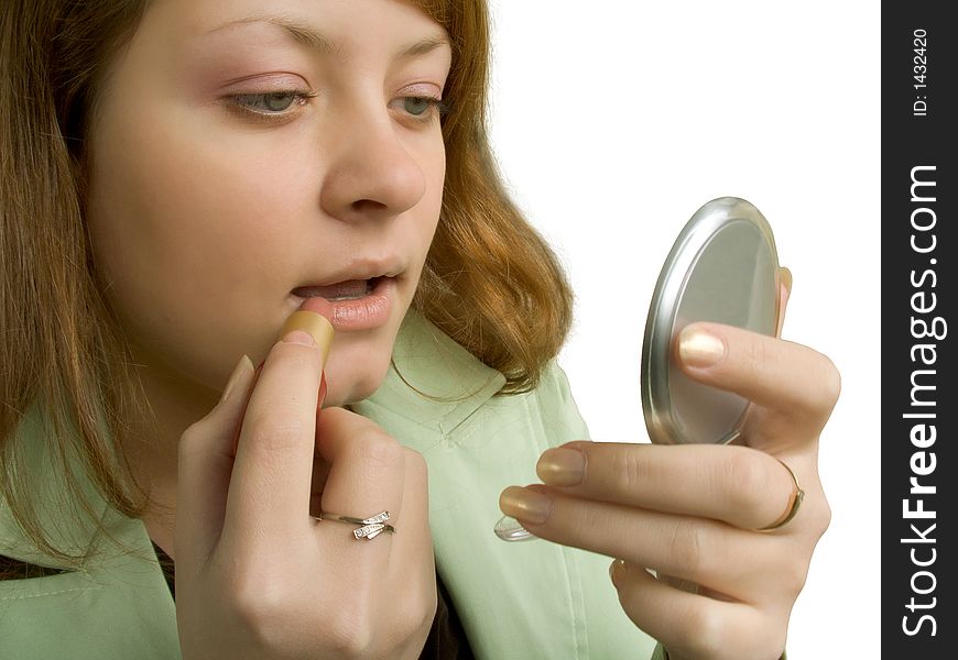 Girl and cosmetics (lipstick and mirror), isolated