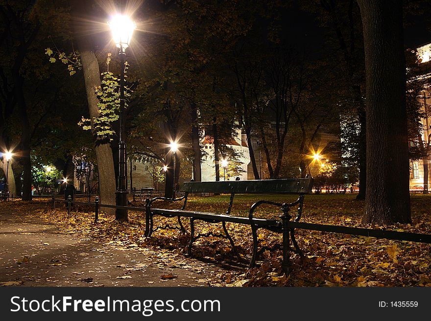 The bench in park in Cracow by night.