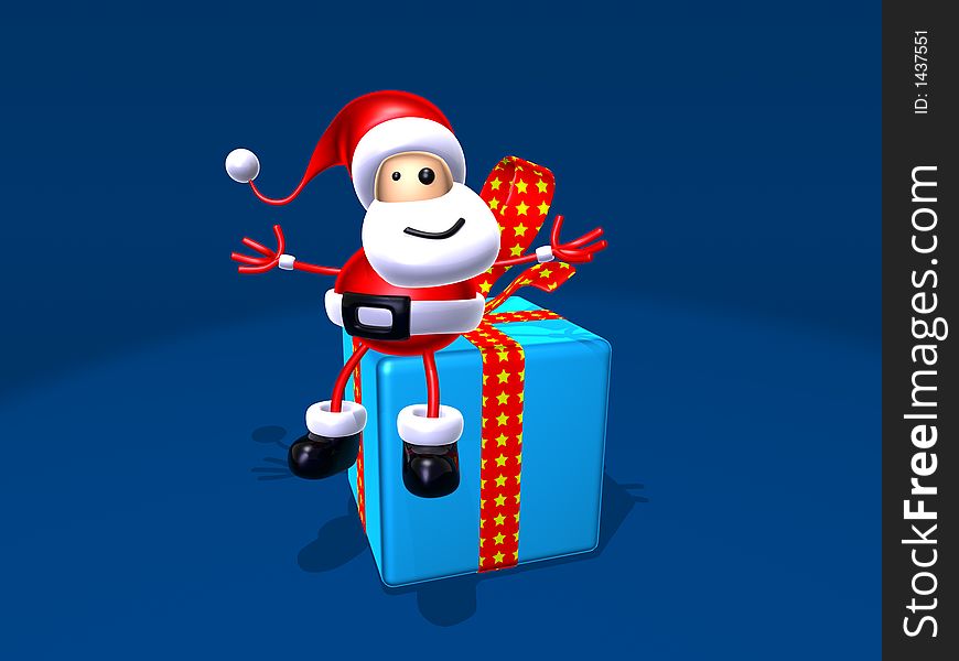 Santa Claus sitting on a gift, 3D generated picture