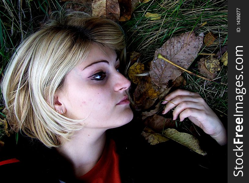 Autumnal selfportrait with dead leaves. Autumnal selfportrait with dead leaves