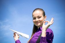 Young Caucasian Girl With Paper Plane In The Hand Royalty Free Stock Photos Young Caucasian Girl With Paper Plane In The Hand Royalty Free Stock Photos