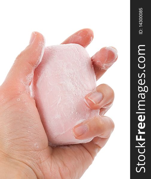 Toilet soap with foam in woman's hand. Toilet soap with foam in woman's hand