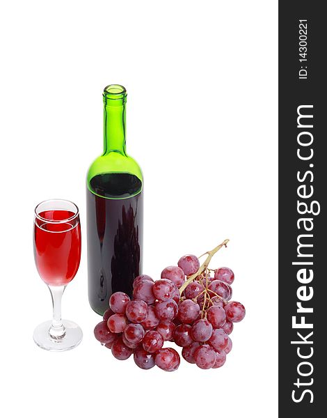 A bottle of wine, a glass and a bunch of grapes. Isolated object on a white background