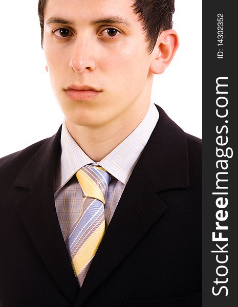 Close up portrait of young business man, isolated on white